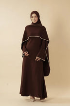 Pearl-Trimmed Cape Modest Evening Gown-Coffee
