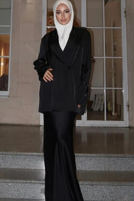 Satin Blazer & Mermaid Skirt Modest Two-Piece Set-Black