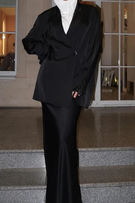 Satin Blazer & Mermaid Skirt Modest Two-Piece Set-Black