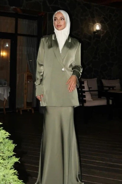 Satin Blazer & Mermaid Skirt Modest Two-Piece Set-Green