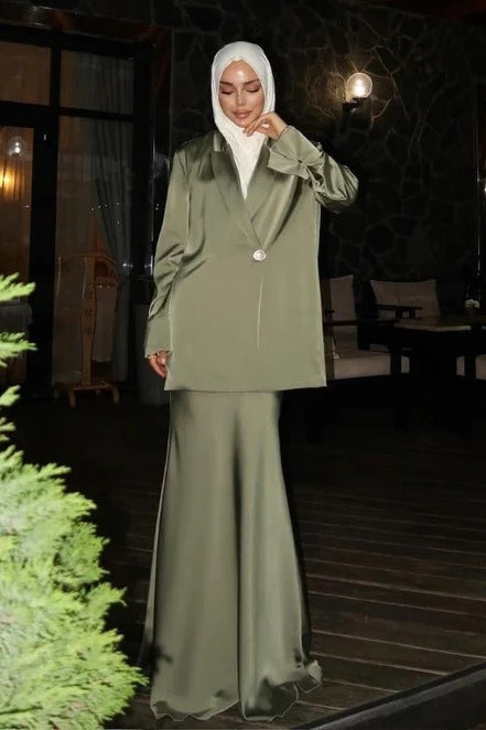 Satin Blazer & Mermaid Skirt Modest Two-Piece Set-Green