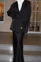 Satin Blazer & Mermaid Skirt Modest Two-Piece Set-Black