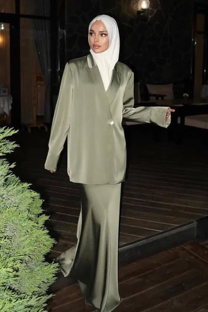 Satin Blazer & Mermaid Skirt Modest Two-Piece Set-Green