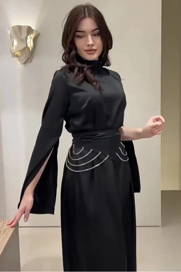 Rana Split Flare Sleeve Rhinestone Waist Maxi Dress-Black