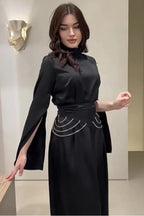 Rana Split Flare Sleeve Rhinestone Waist Maxi Dress-Black