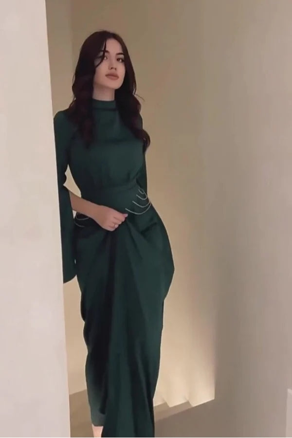 Rana Split Flare Sleeve Rhinestone Waist Maxi Dress-Green
