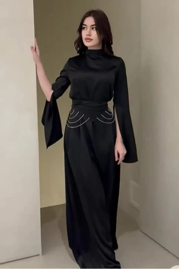 Rana Split Flare Sleeve Rhinestone Waist Maxi Dress-Black