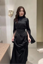 Rana Split Flare Sleeve Rhinestone Waist Maxi Dress-Black