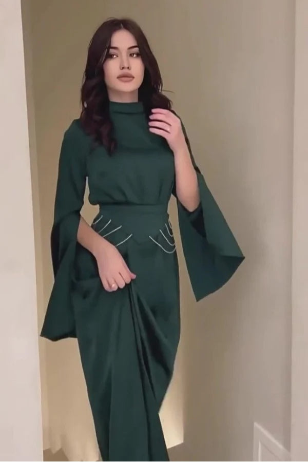 Rana Split Flare Sleeve Rhinestone Waist Maxi Dress-Green