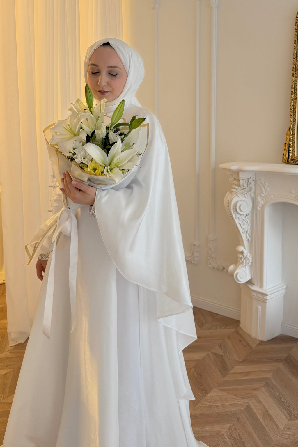 Olivia Cape Sleeve Satin Maxi Dress-White