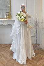 Olivia Cape Sleeve Satin Maxi Dress-White