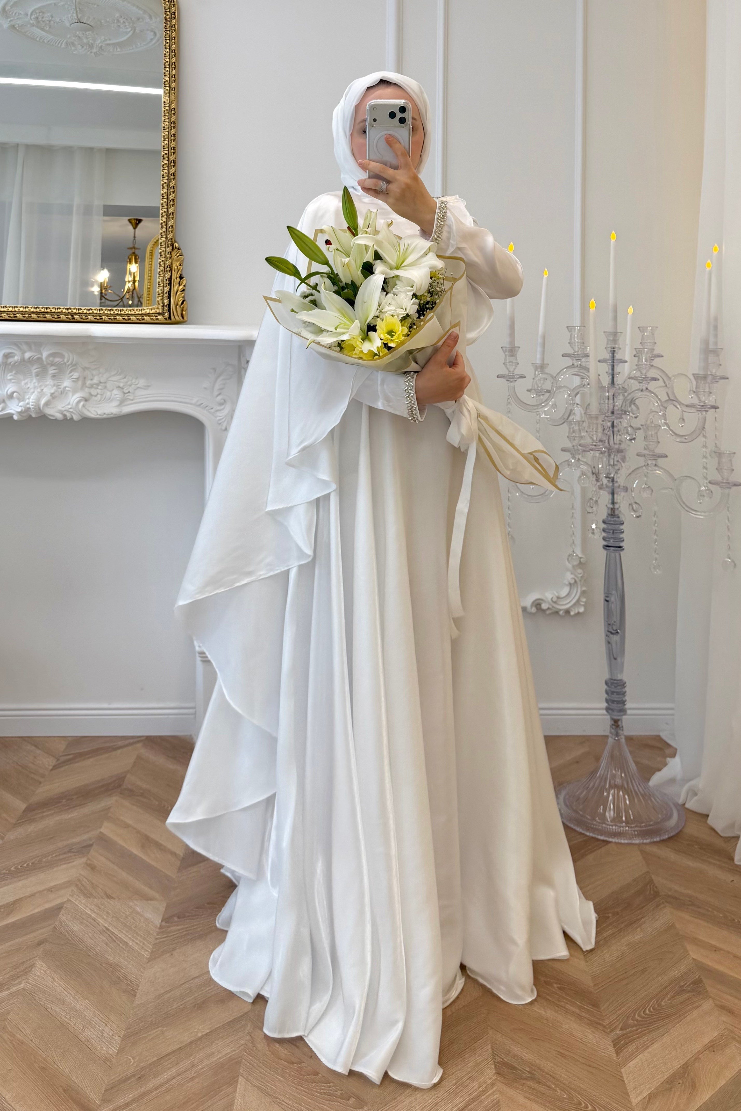 Olivia Cape Sleeve Satin Maxi Dress-White