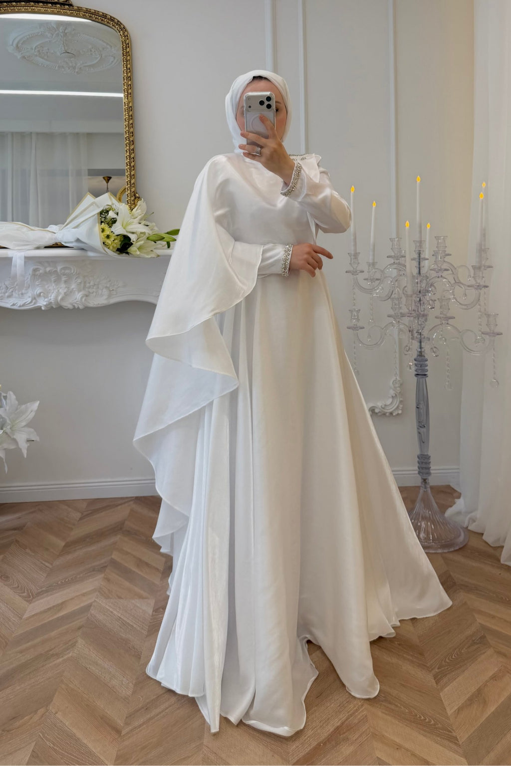 Olivia Cape Sleeve Satin Maxi Dress-White