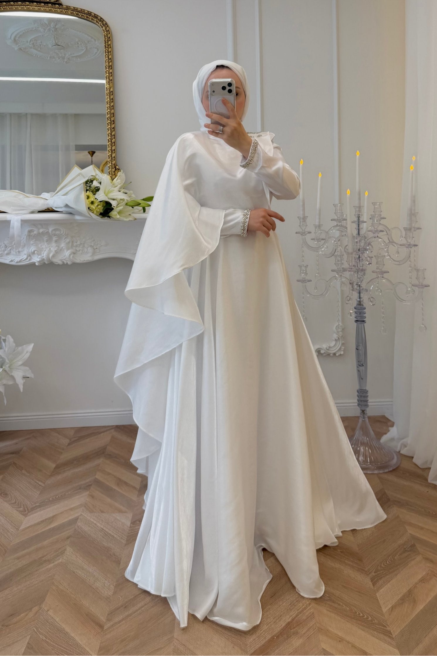 Olivia Cape Sleeve Satin Maxi Dress-White