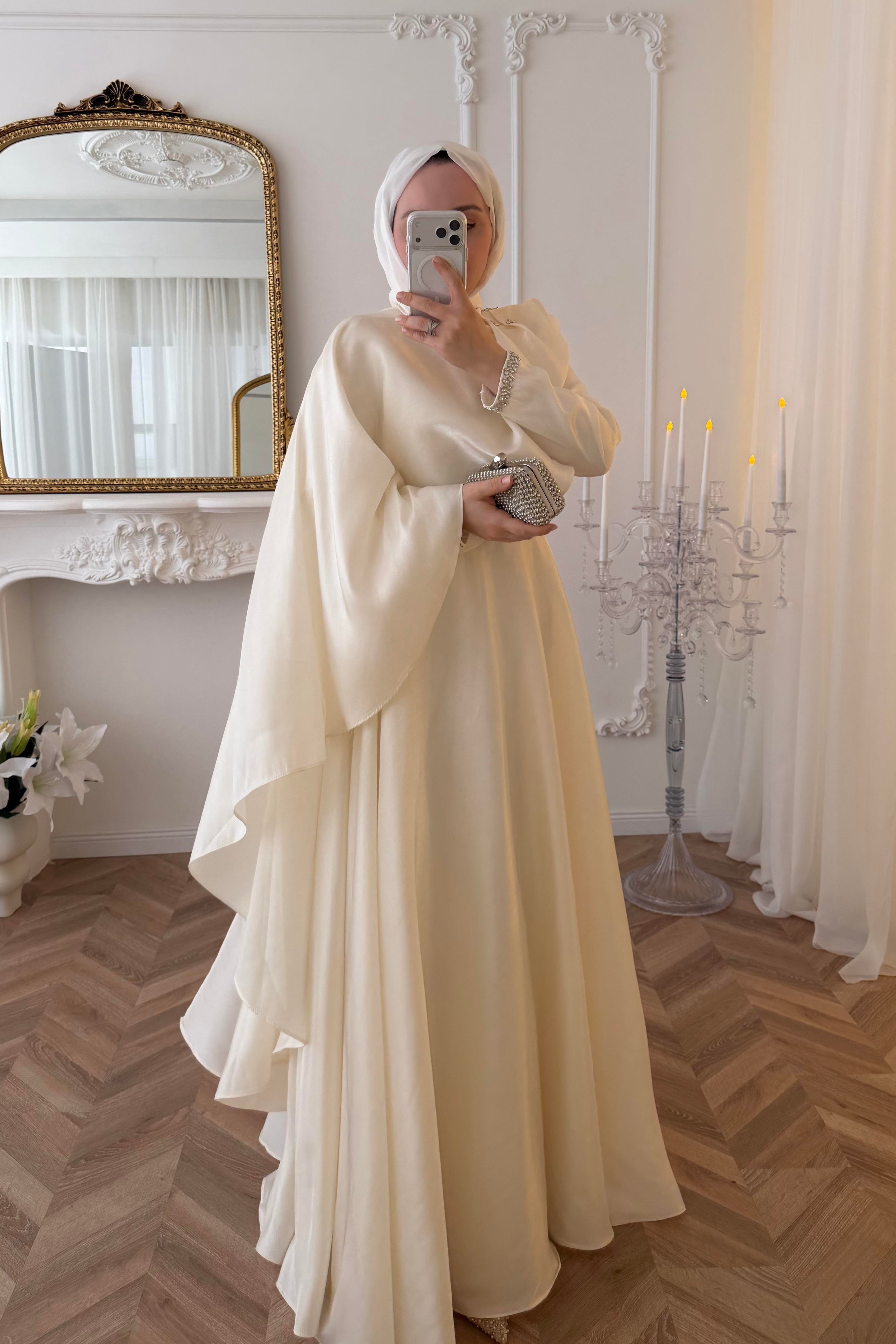 Olivia Cape Sleeve Satin Maxi Dress-Apricot