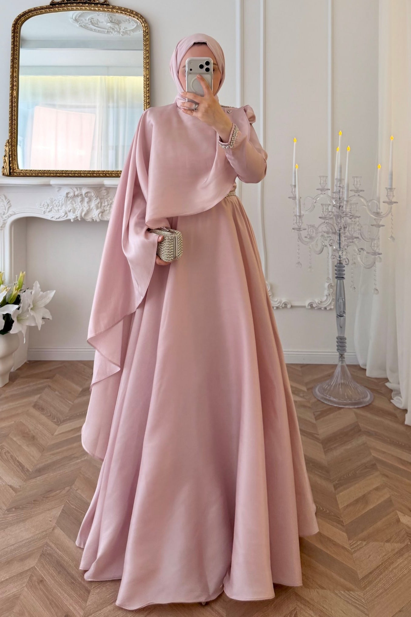 Olivia Cape Sleeve Satin Maxi Dress-Pink