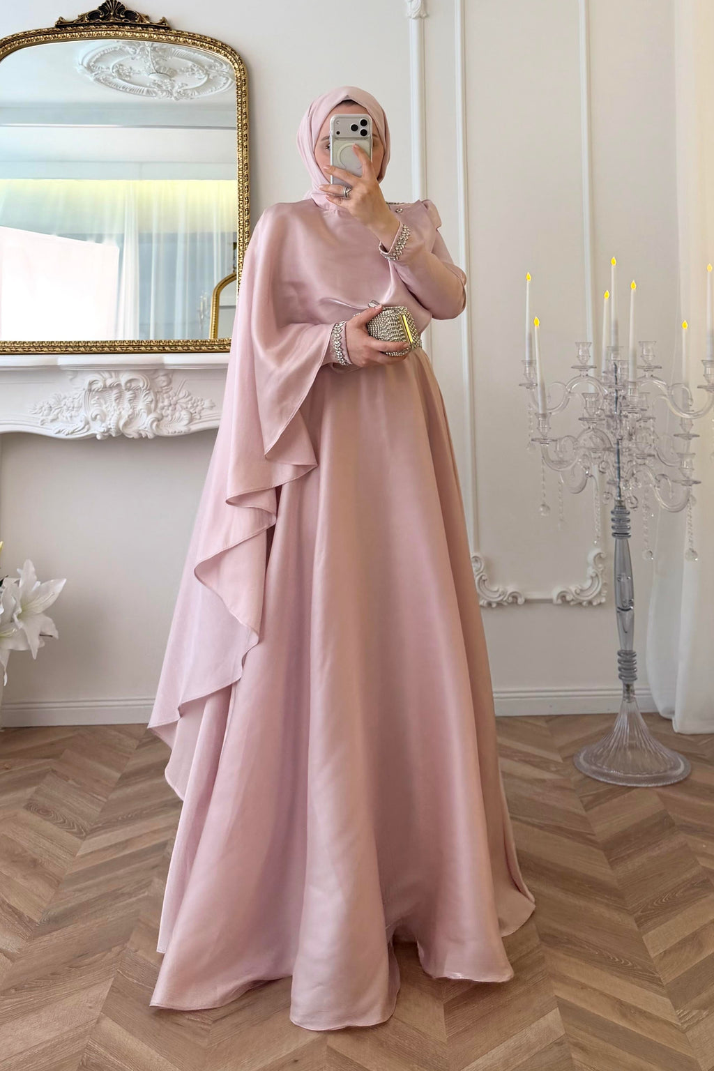 Olivia Cape Sleeve Satin Maxi Dress-Pink