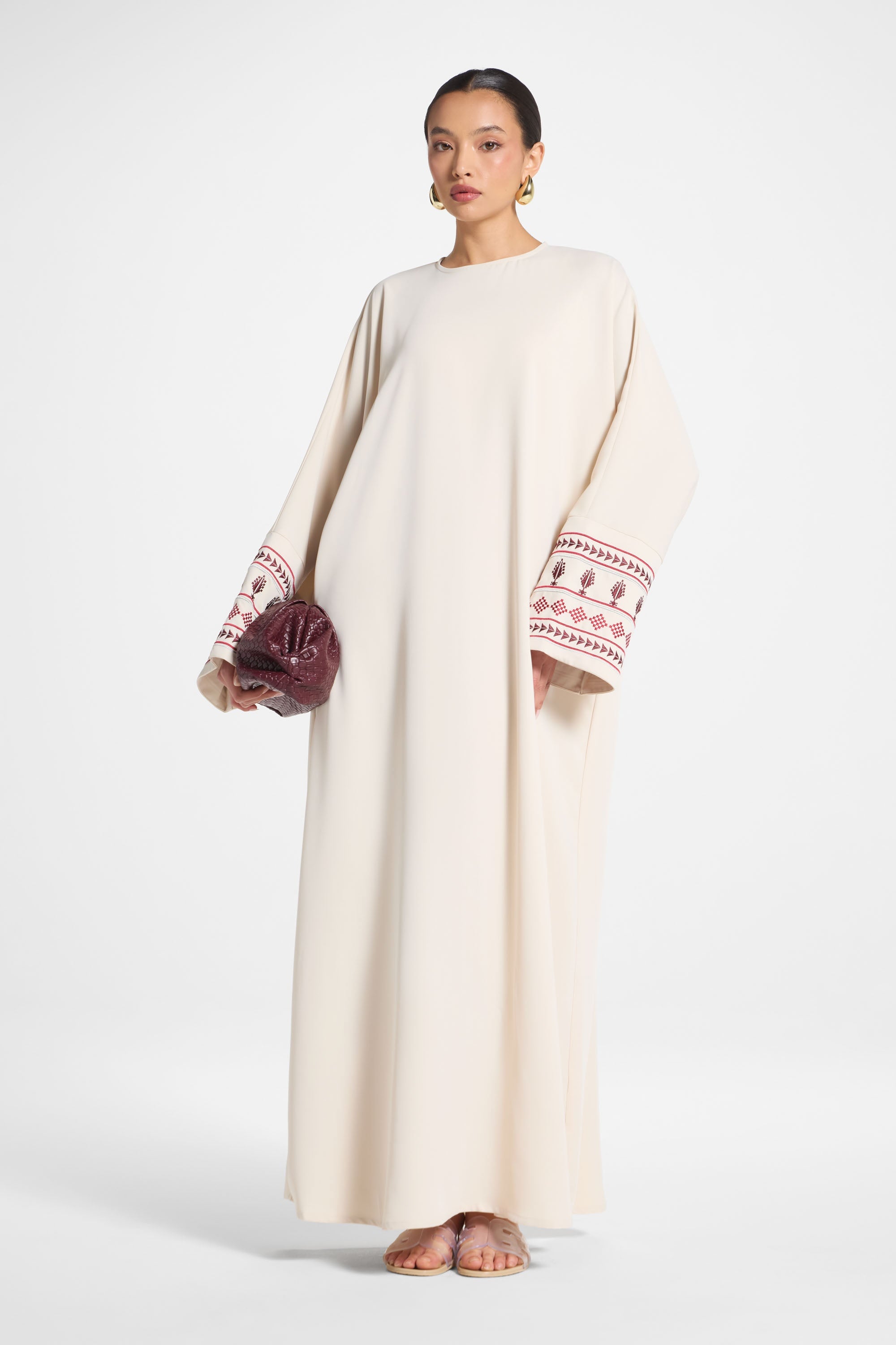 Embroidered Abaya Dress - Beige