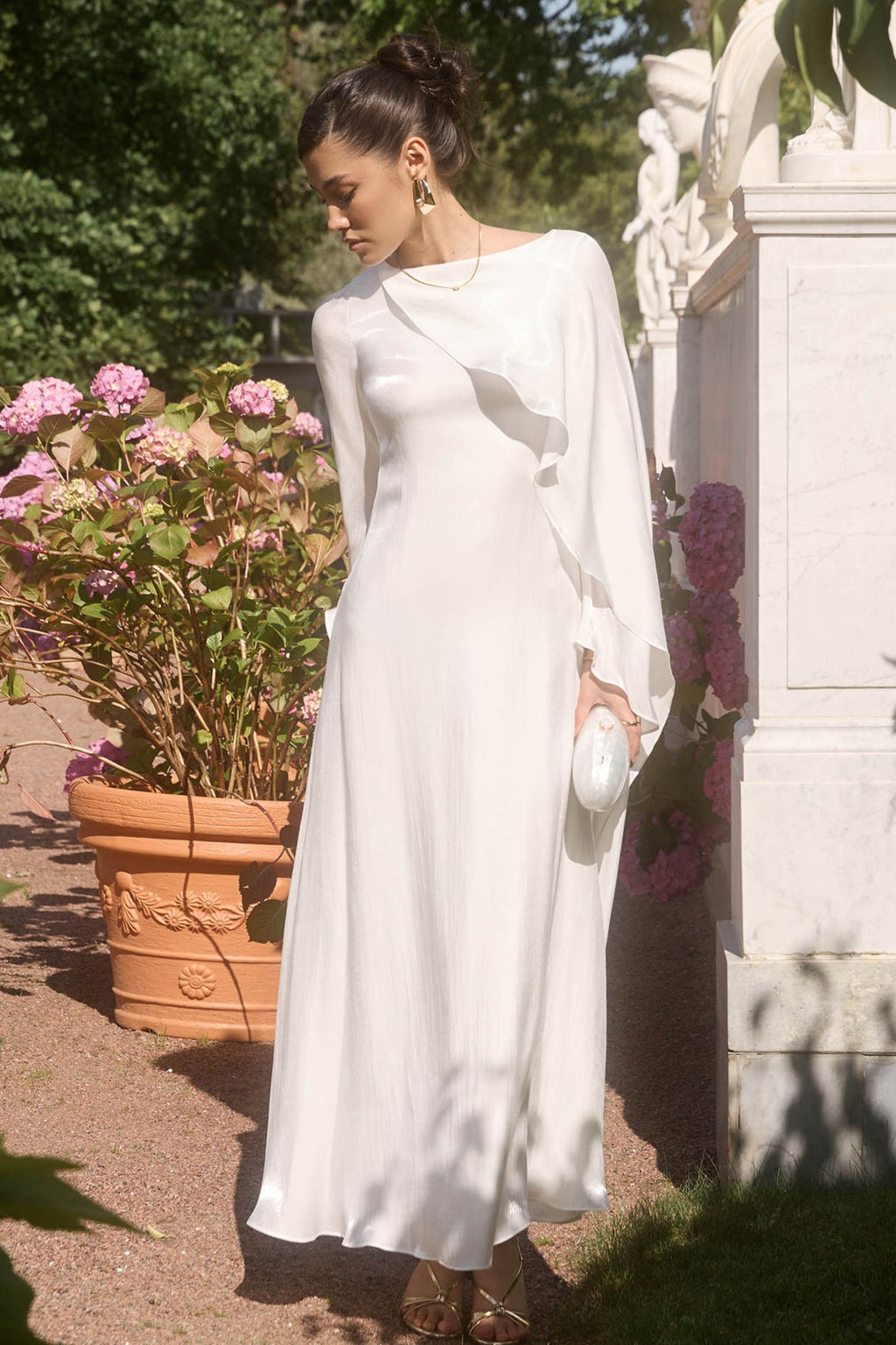 Elegant Cape-Sleeve Modest Maxi Dress-White