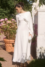 Elegant Cape-Sleeve Modest Maxi Dress-White