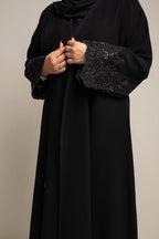 Zahra Sequin Lace Trim Hooded Open Abaya