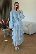 Freya Embroidered Tiered Button Front Dress-Blue
