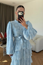Freya Embroidered Tiered Button Front Dress-Blue