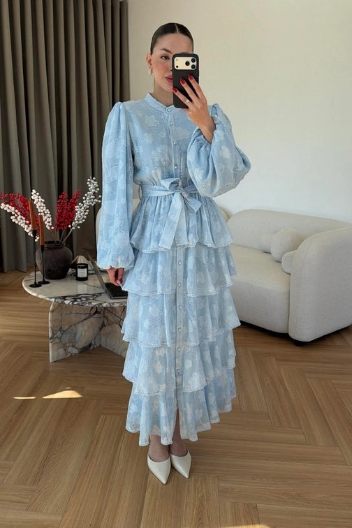 Freya Embroidered Tiered Button Front Dress-Blue