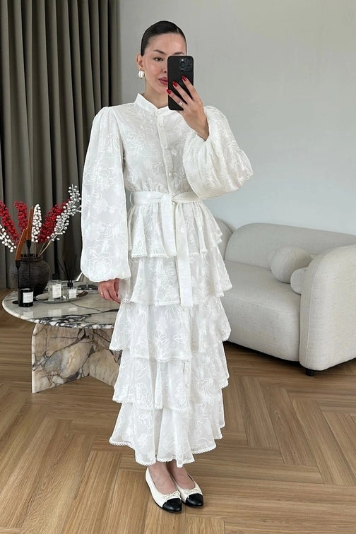 Freya Embroidered Tiered Button Front Dress-White