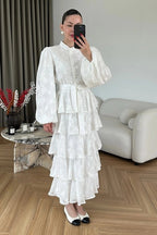 Freya Embroidered Tiered Button Front Dress-White
