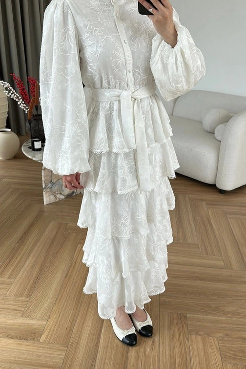 Freya Embroidered Tiered Button Front Dress-Apricot