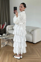 Freya Embroidered Tiered Button Front Dress-White