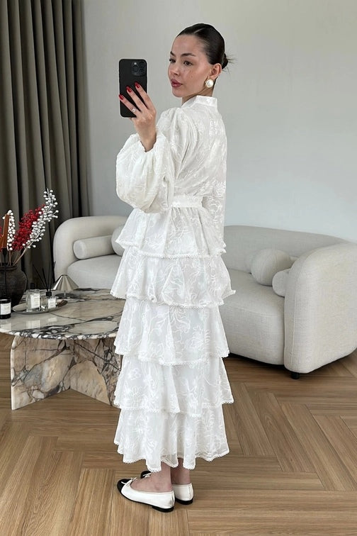 Freya Embroidered Tiered Button Front Dress-White