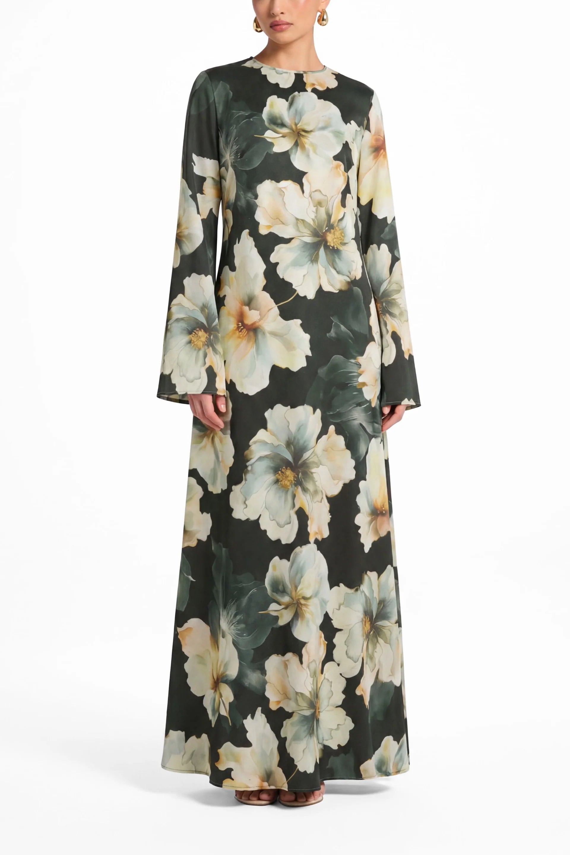 Large Floral Print Bell Sleeve Maxi Dress-Green
