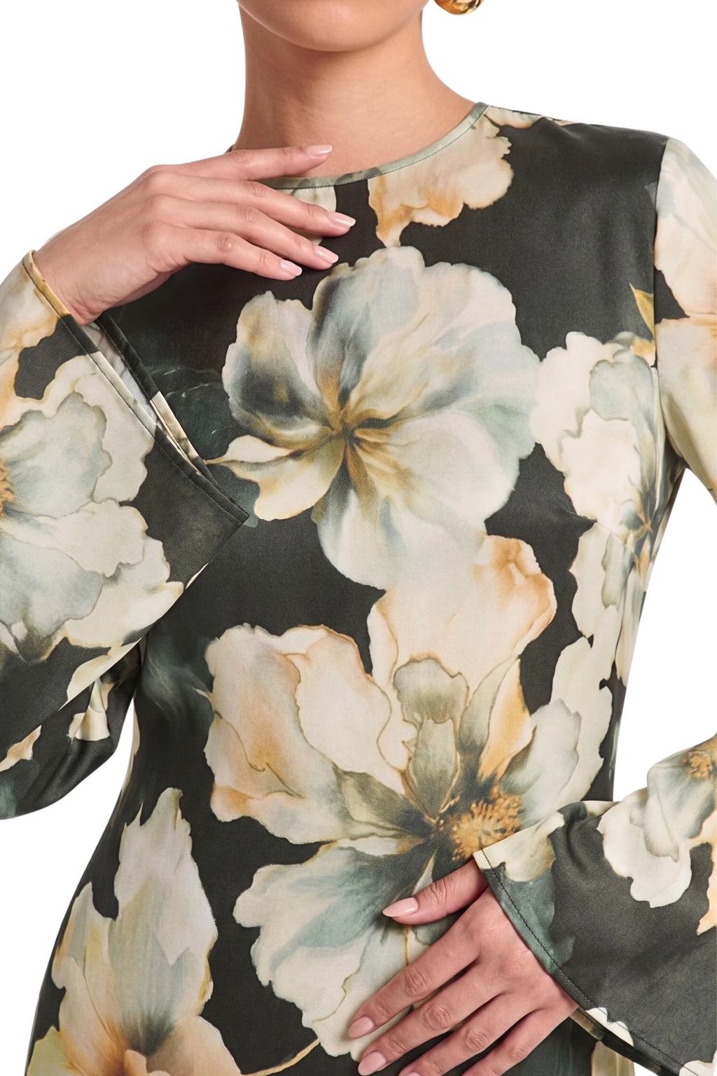 Large Floral Print Bell Sleeve Maxi Dress-Green