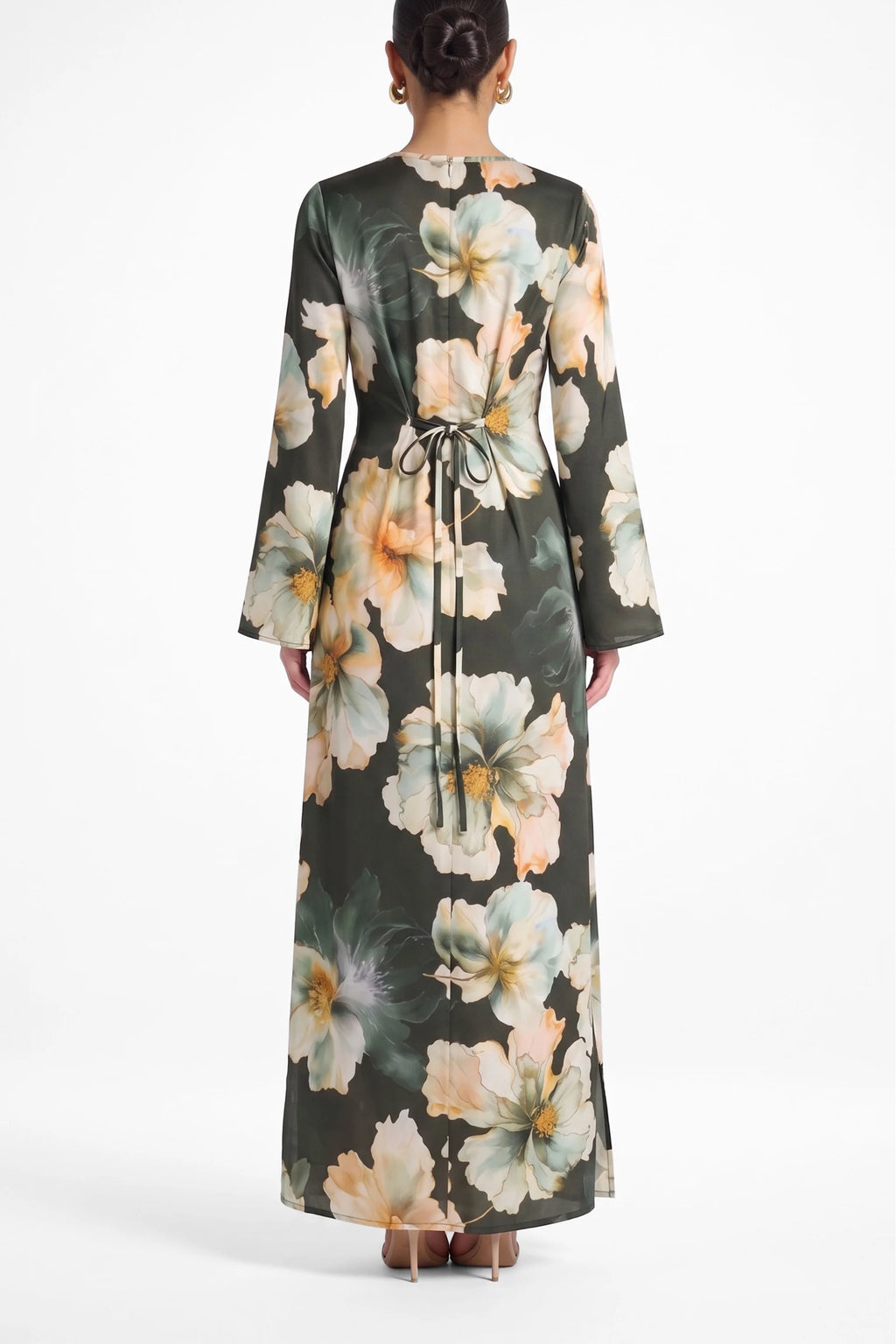 Large Floral Print Bell Sleeve Maxi Dress-Green