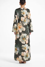 Large Floral Print Bell Sleeve Maxi Dress-Green
