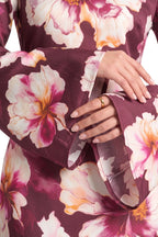 Large Floral Print Bell Sleeve Maxi Dress-Wine