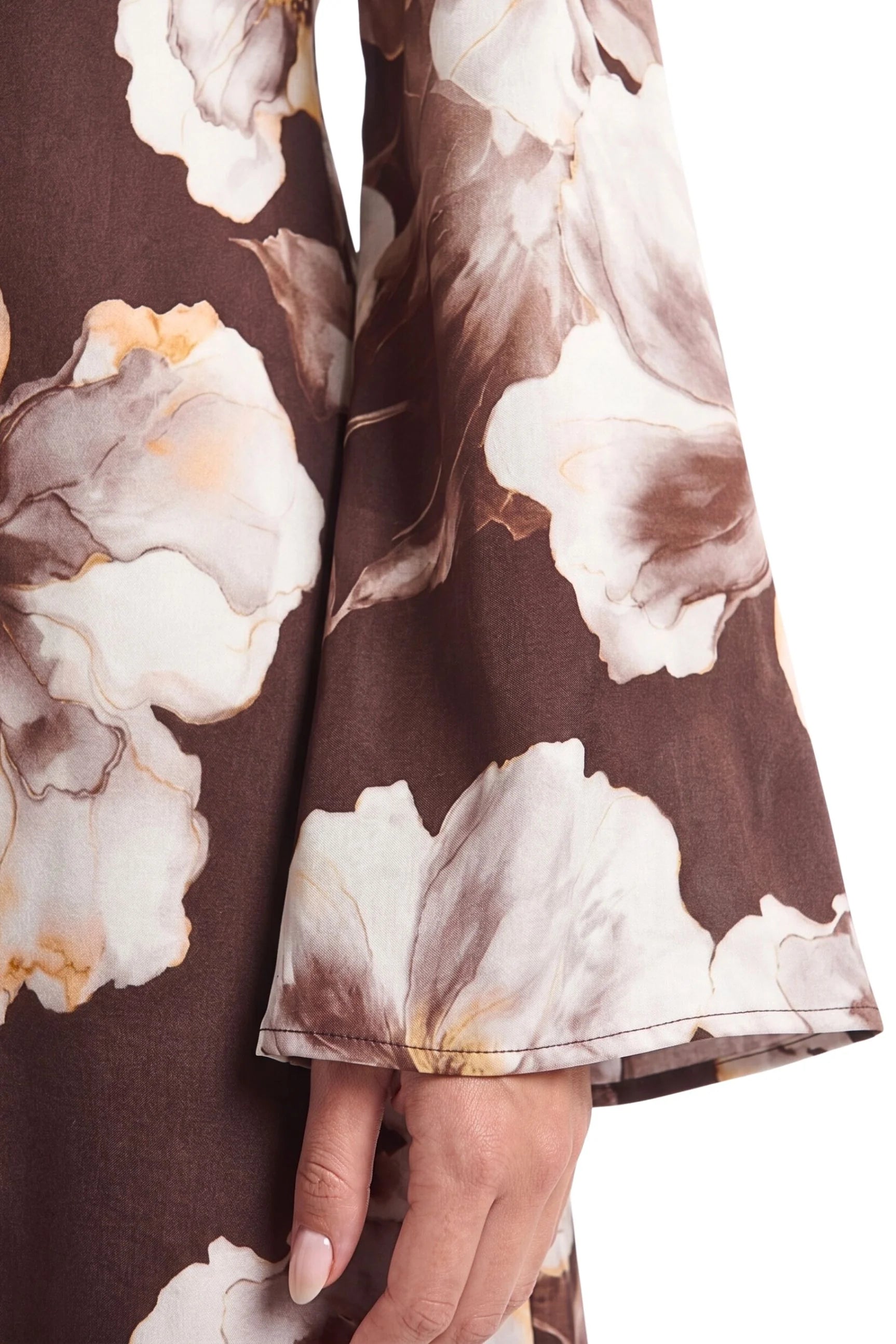 Large Floral Print Bell Sleeve Maxi Dress-Coffee