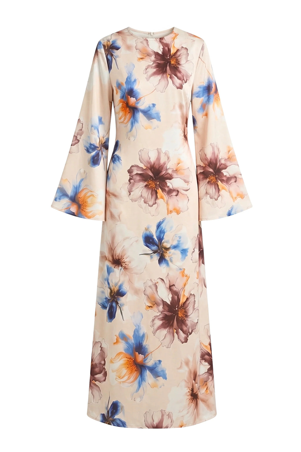 Large Floral Print Bell Sleeve Maxi Dress-White