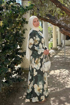 Large Floral Print Bell Sleeve Maxi Dress-Green