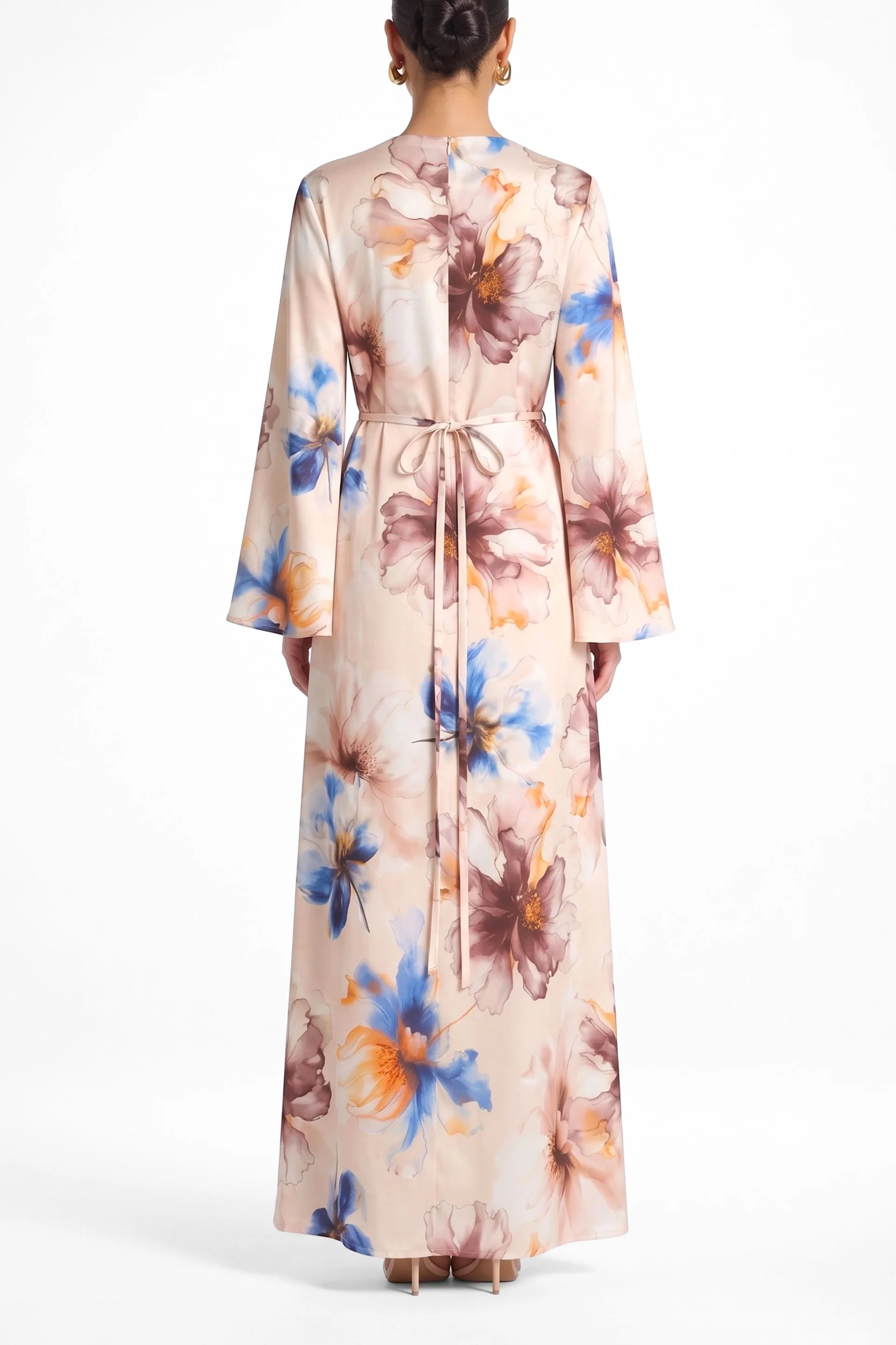 Large Floral Print Bell Sleeve Maxi Dress-White