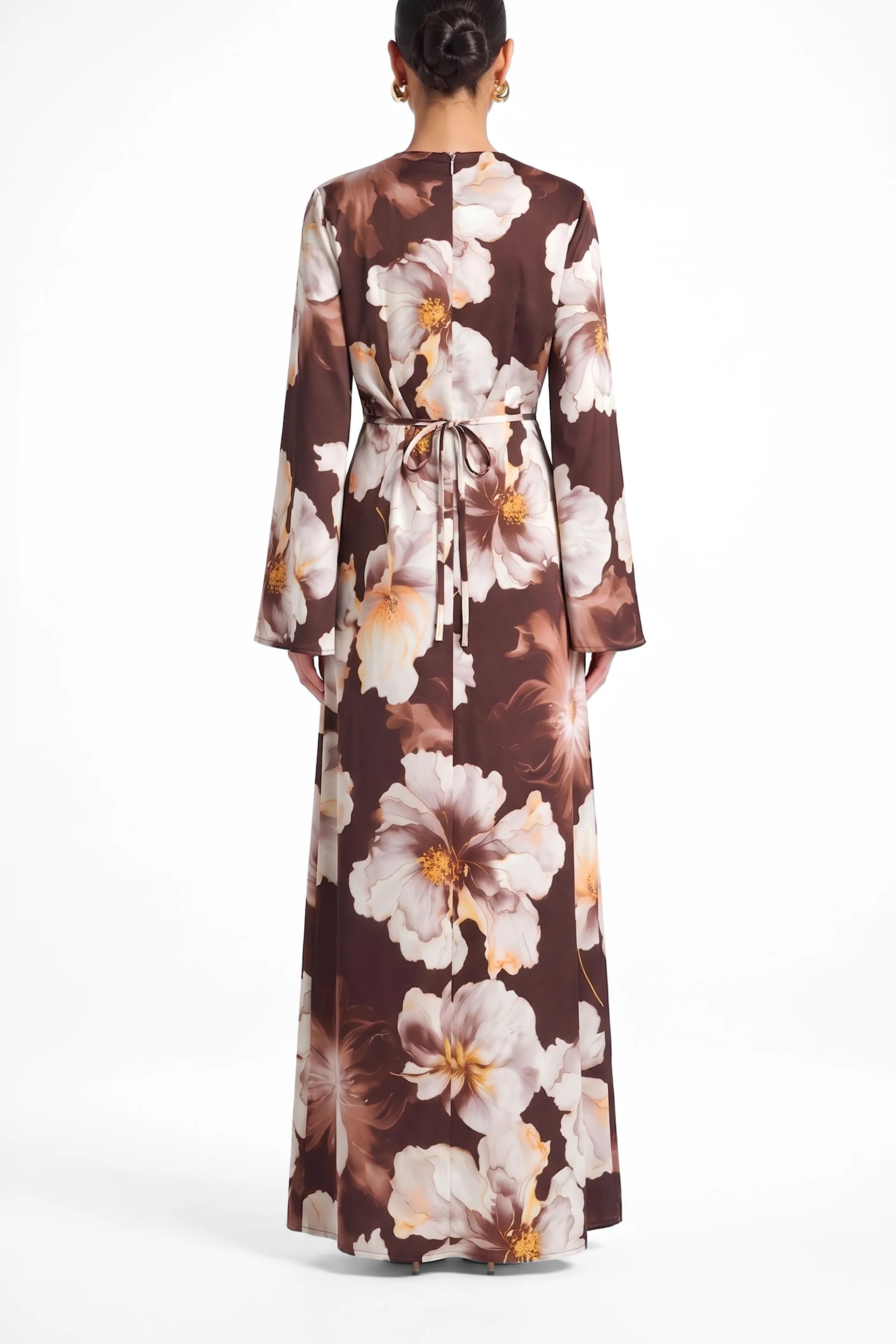 Large Floral Print Bell Sleeve Maxi Dress-Coffee