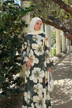 Large Floral Print Bell Sleeve Maxi Dress-Green