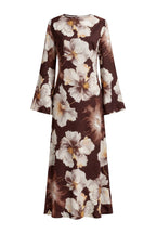 Large Floral Print Bell Sleeve Maxi Dress-Coffee