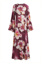 Large Floral Print Bell Sleeve Maxi Dress-Wine