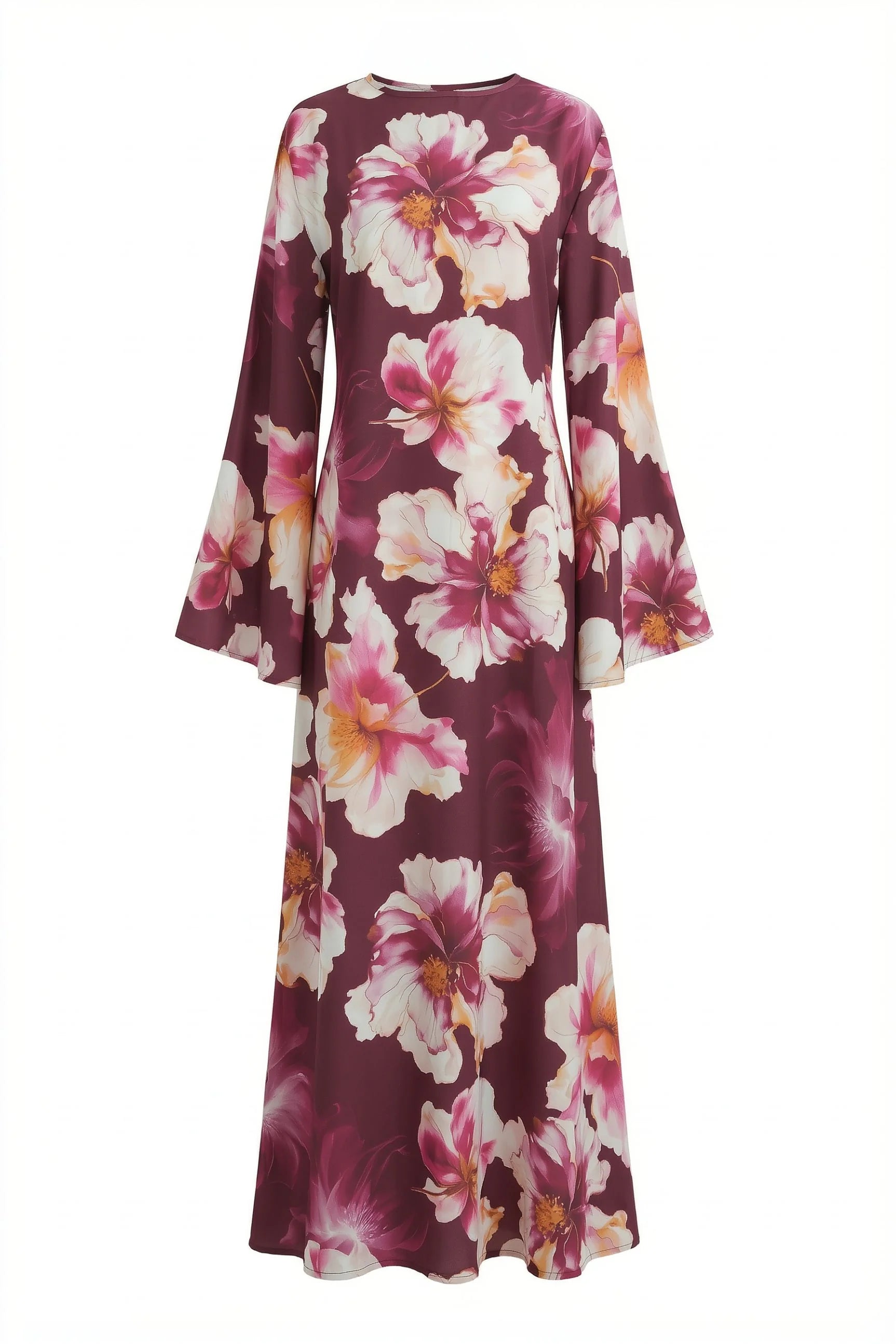 Large Floral Print Bell Sleeve Maxi Dress-Wine