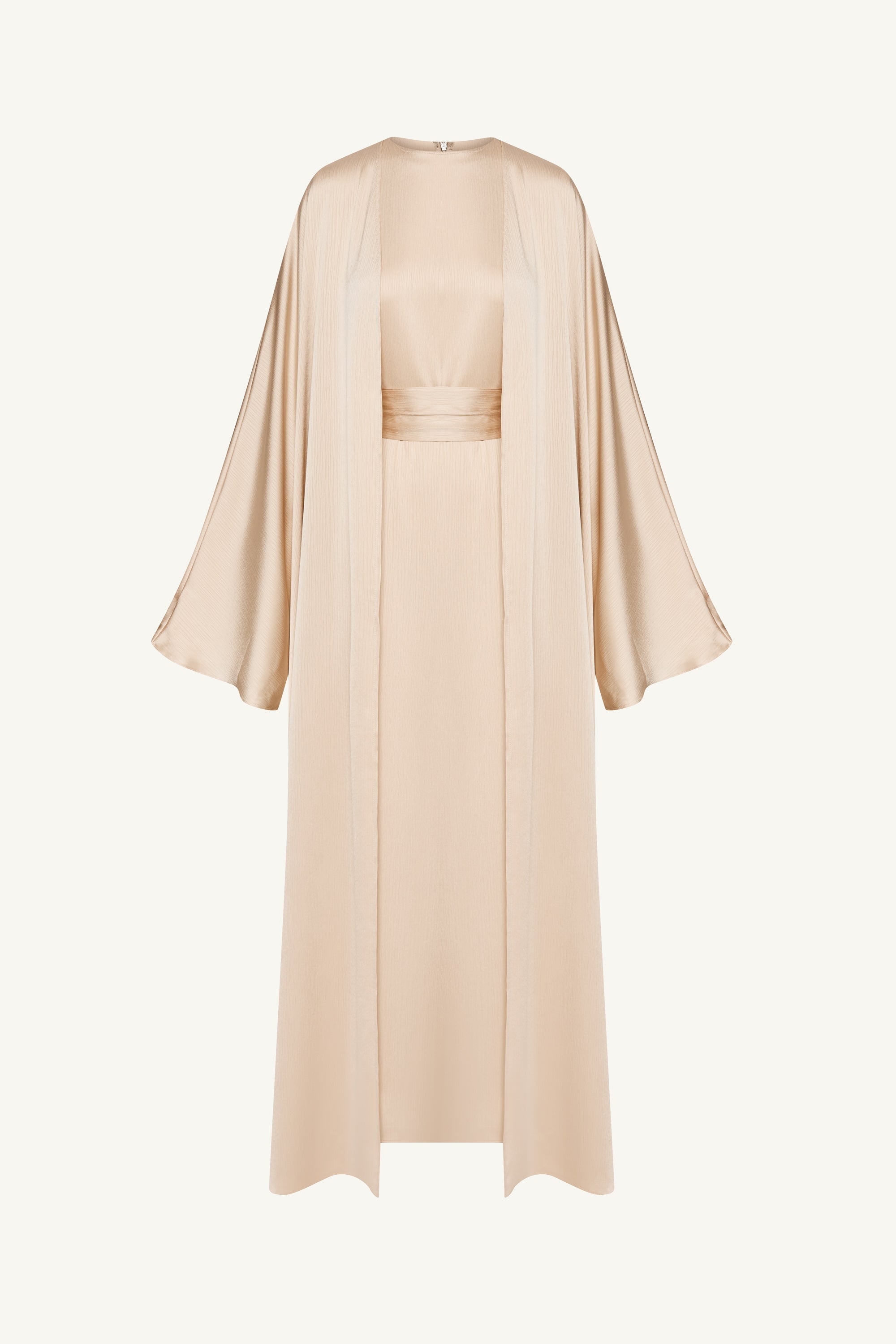 Ghada Satin Open Abaya & Dress Set - Golden Sand