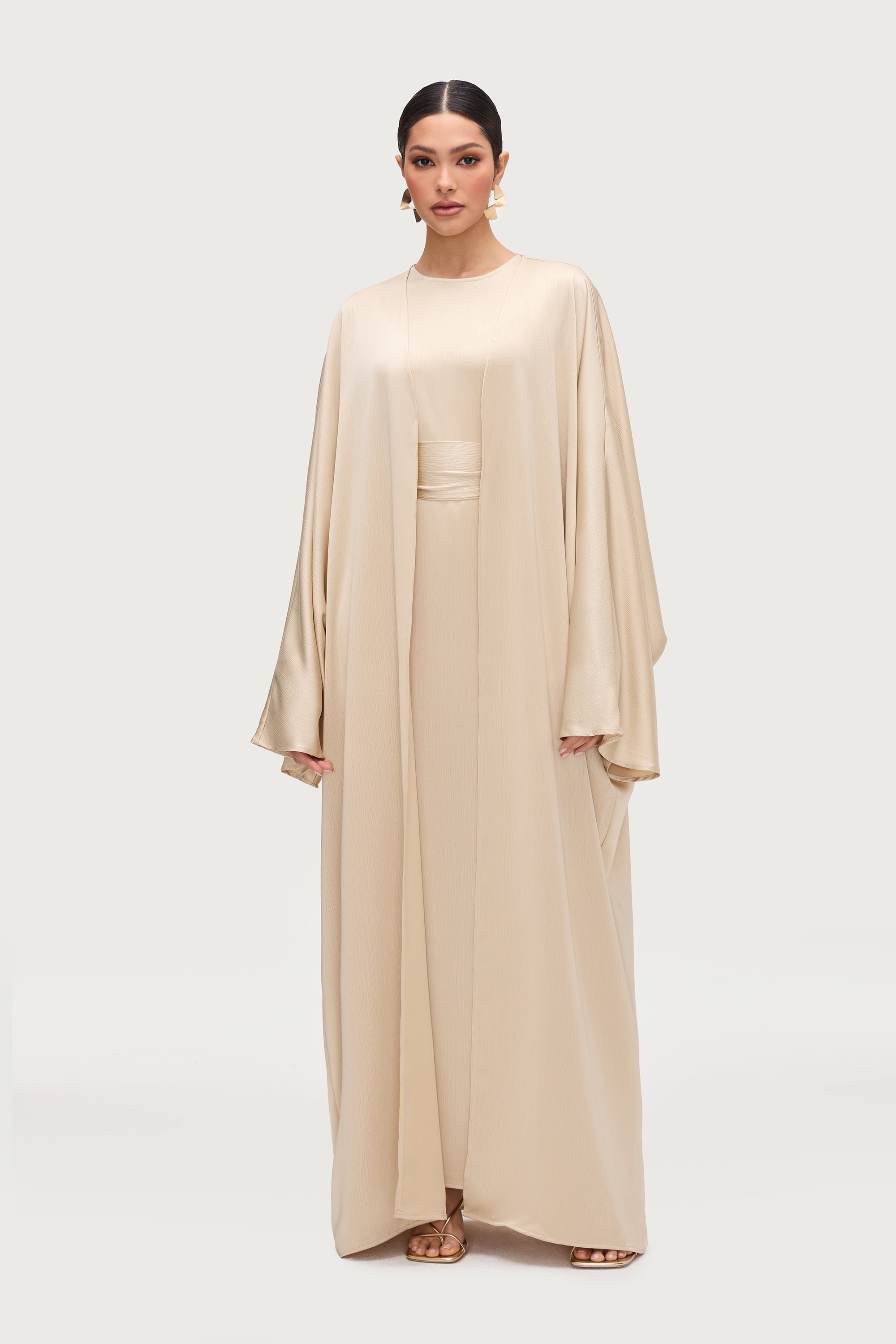 Ghada Satin Open Abaya & Dress Set - Golden Sand