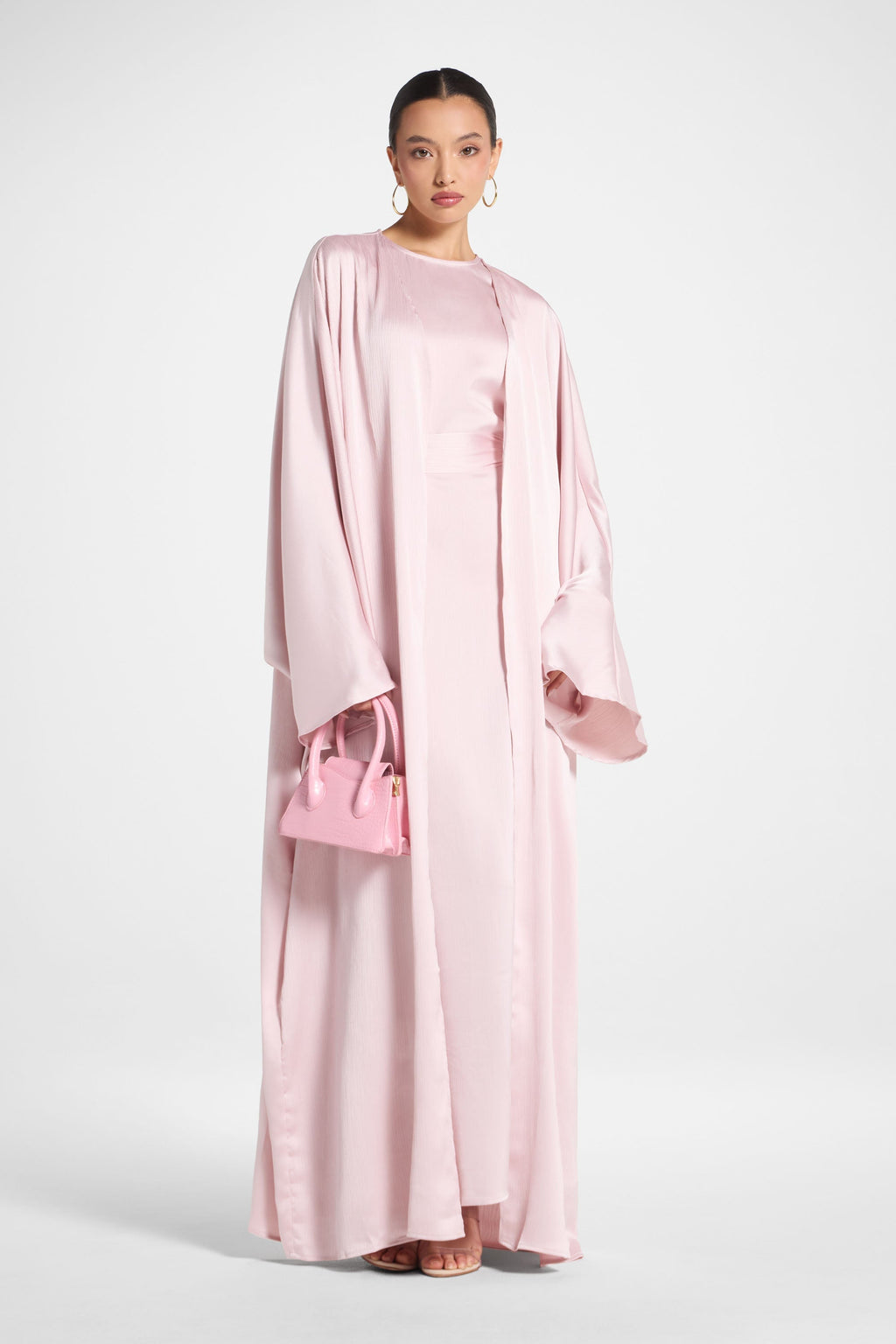 Ghada Satin Open Abaya & Dress Set - Pastel Pink